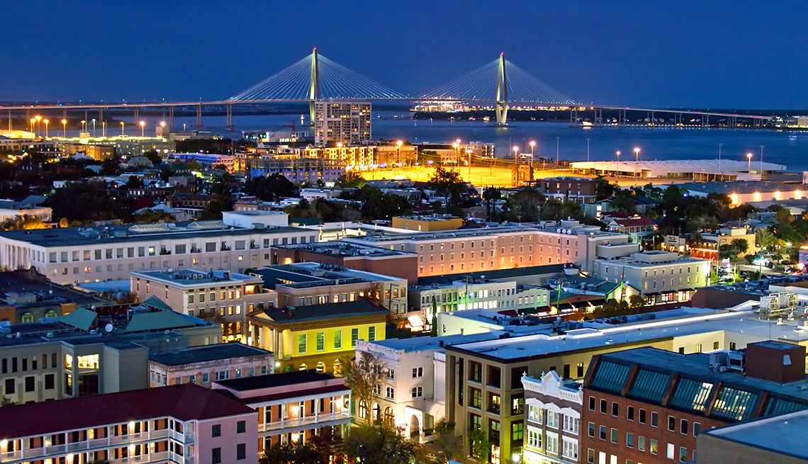 Charleston skyline and harbor bridge at night
