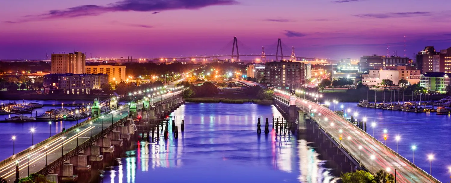 Charleston area waterfront and bridges at dusk